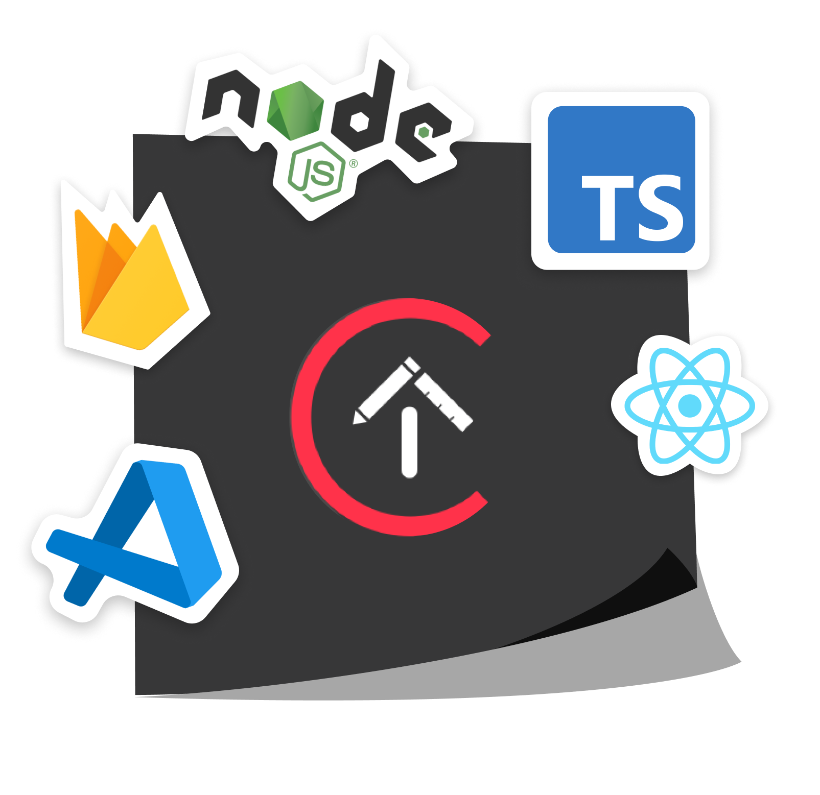 Trends Logo composed of the firebase, react, typescript, nodejs, vscode, and DTI logos.