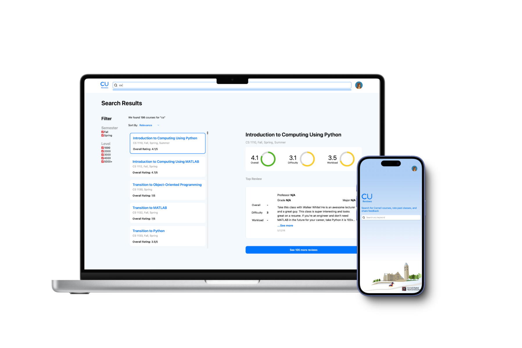 A laptop next to a phone, displaying the search page and the search results page of the CU Reviews website